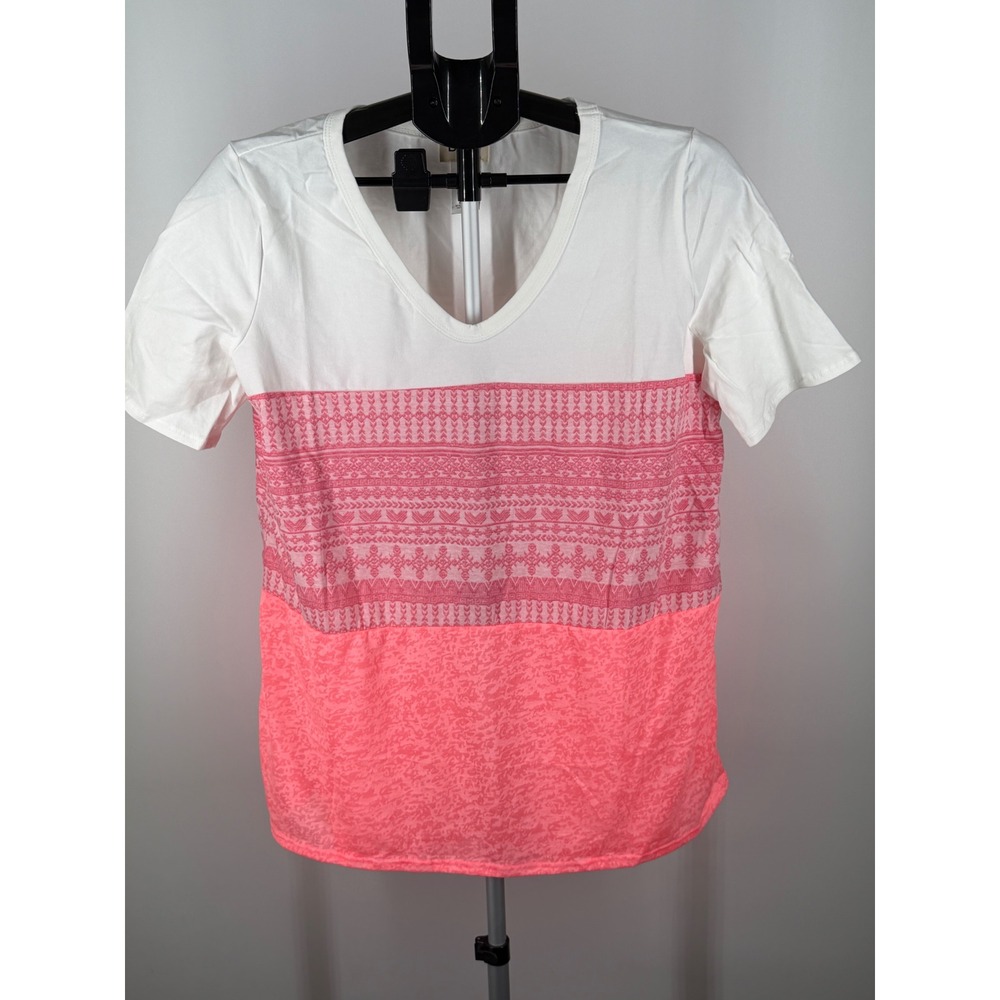 BiBi Womens V-Neck Colorblock Tribal Print T-Shirt Pink White Neon L